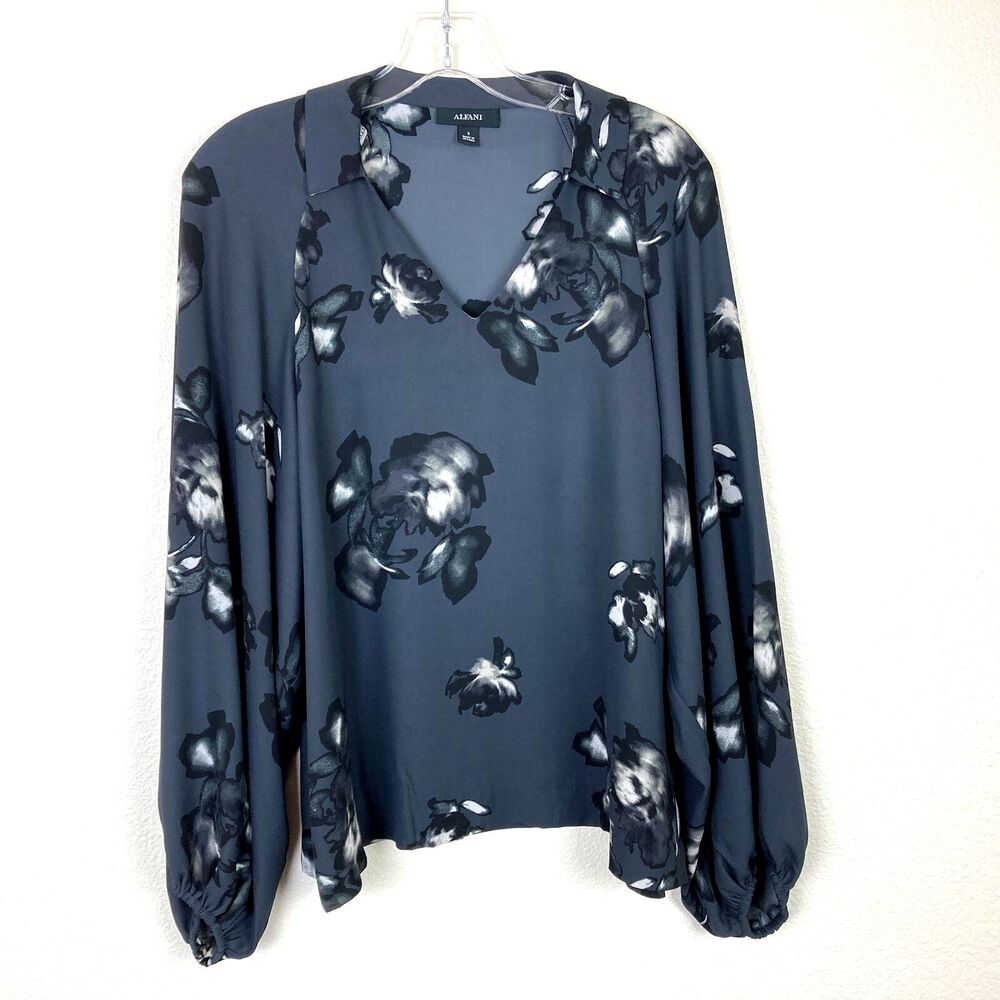 ALFANI Women's V-Neck Semi Sheer Blouse Size S Gray Floral Balloon Sleeve Office